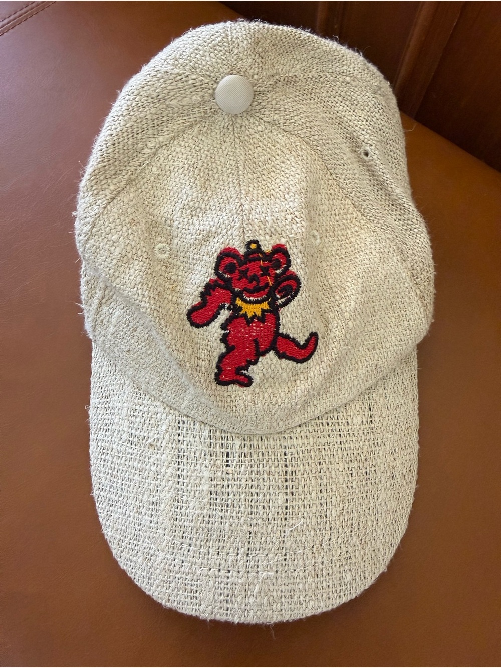 Beige Woven Hemp Cap with Red Grateful Dead Dancing Bear Patch